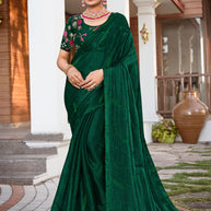 Dark Green Satin Chiffon Saree with Stone Work & Embroidered Blouse - Aishwrya