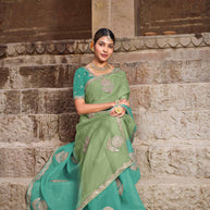 Green & Sea Blue Ombre Chiffon Silk Saree with Zari & Pearl Work - Aishwrya