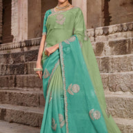 Green & Sea Blue Ombre Chiffon Silk Saree with Zari & Pearl Work - Aishwrya
