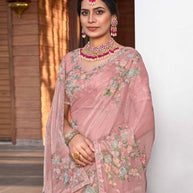 Pastel Pink Satin Chiffon Saree with Floral Resham Embroidery - Aishwrya