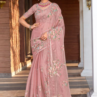 Pastel Pink Satin Chiffon Saree with Floral Resham Embroidery - Aishwrya