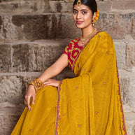 Mustard Chiffon Saree with Resham Work - Aishwrya