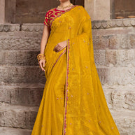 Mustard Chiffon Saree with Resham Work - Aishwrya
