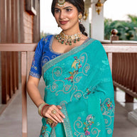 Sea Blue Saree with Resham & Zari Floral Embroidery - Aishwrya