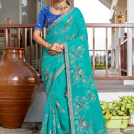 Sea Blue Saree with Resham & Zari Floral Embroidery - Aishwrya