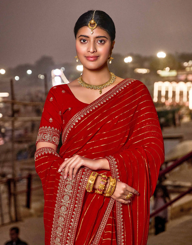 Red Viscose Lining Saree with Zari Work - Aishwrya