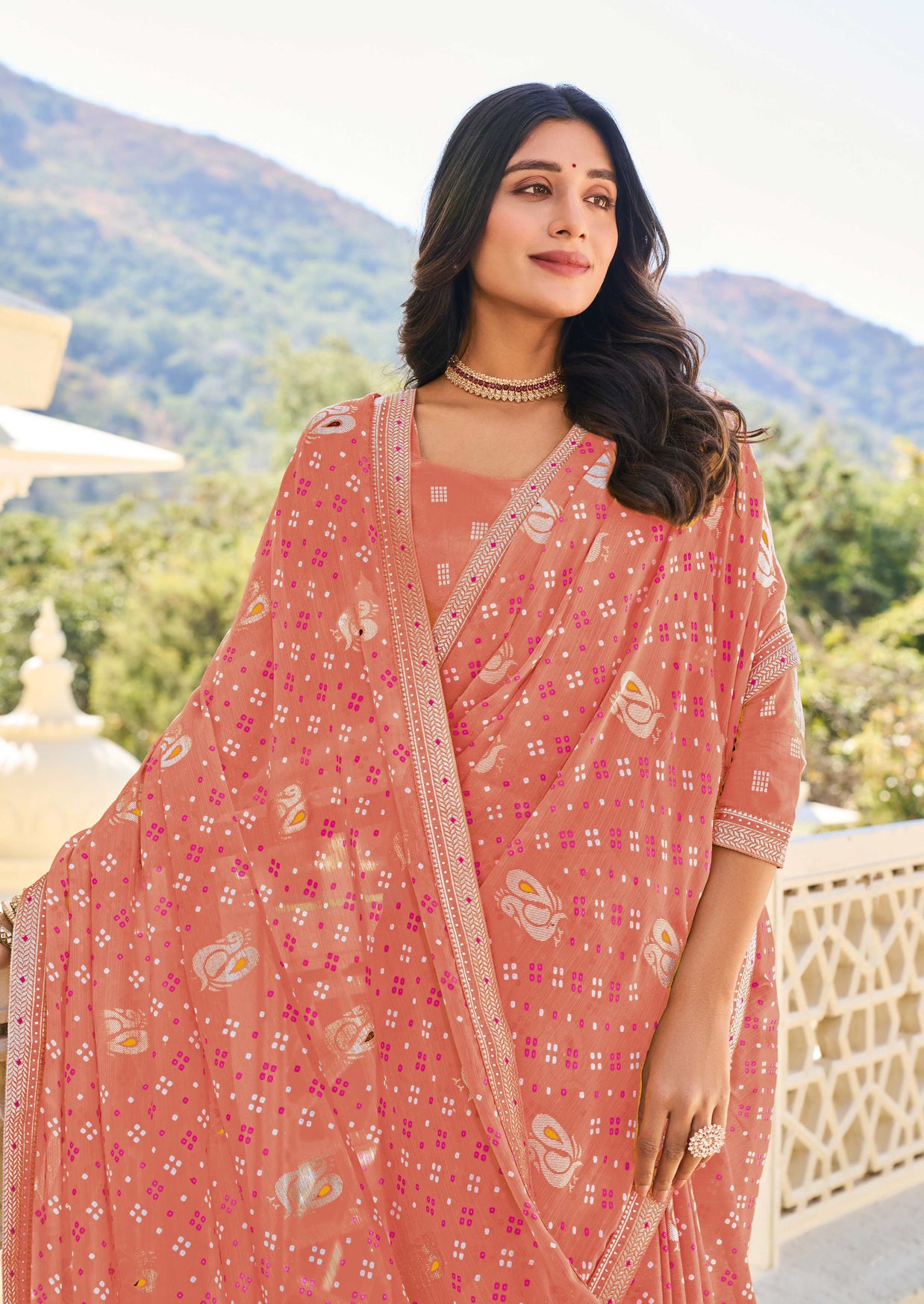 Peach Chiffon Bandhani Print Saree – Lightweight & Graceful Drape- Rang Panchami