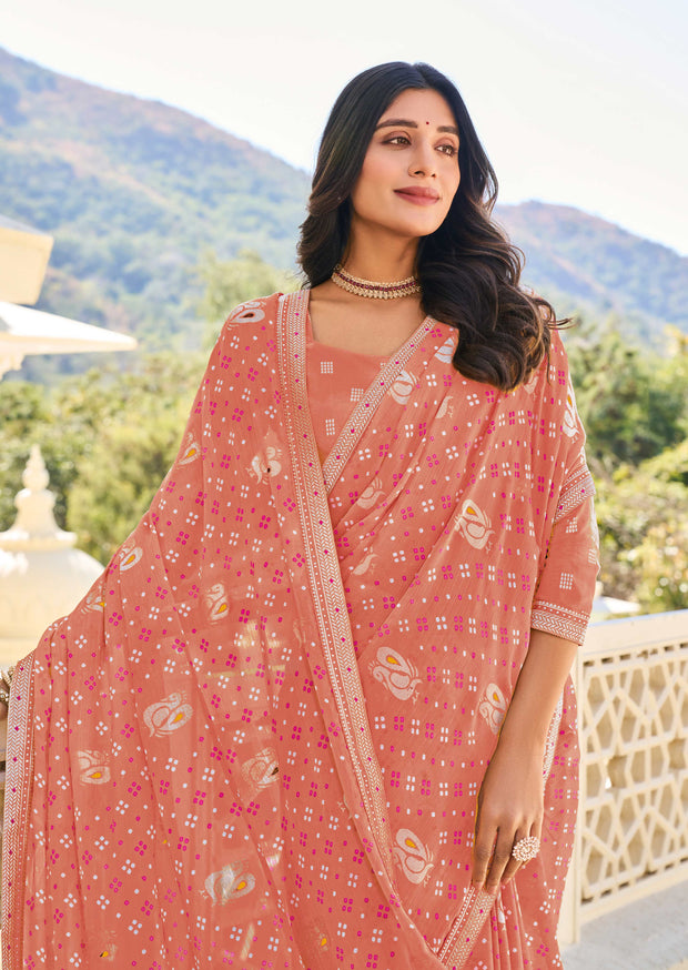 Peach Chiffon Bandhani Print Saree – Lightweight & Graceful Drape- Rang Panchami