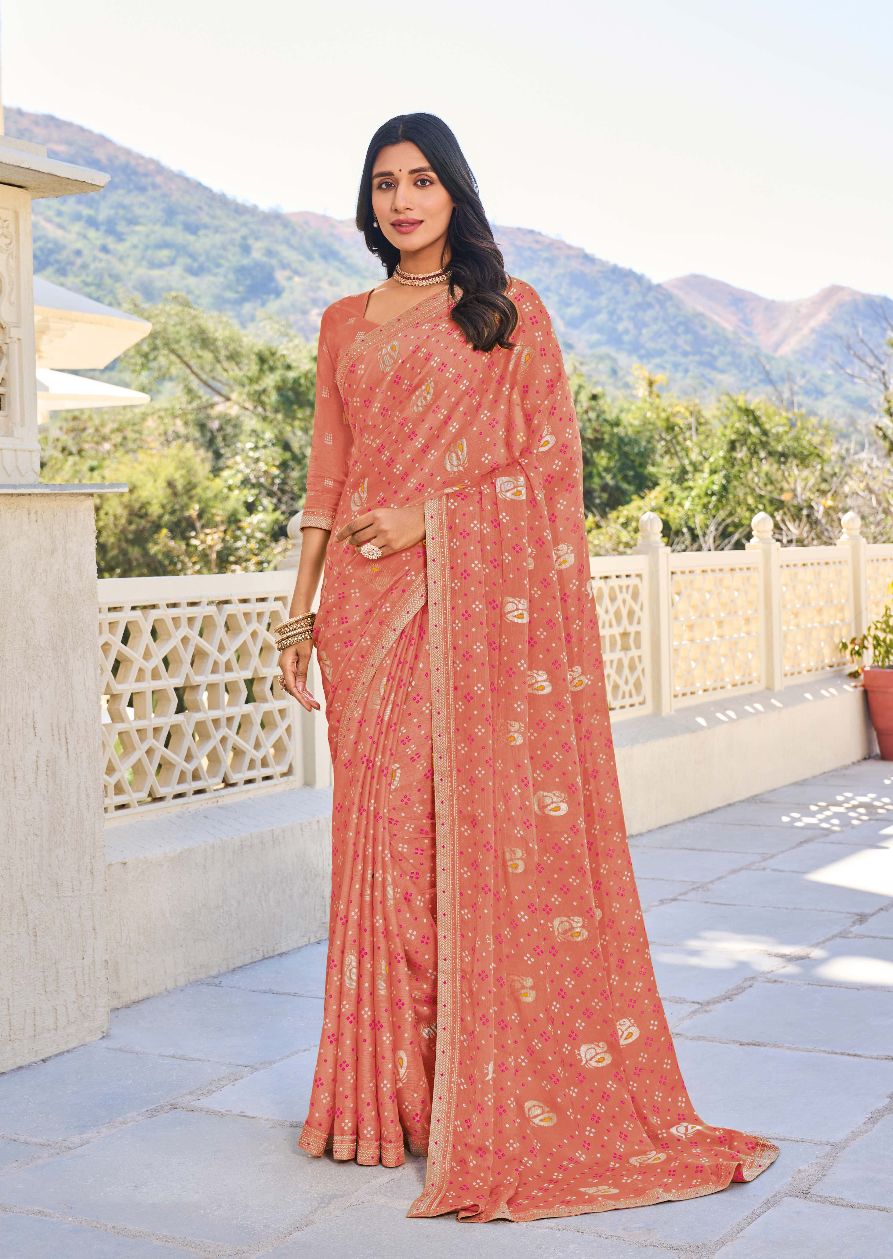 Peach Chiffon Bandhani Print Saree – Lightweight & Graceful Drape- Rang Panchami
