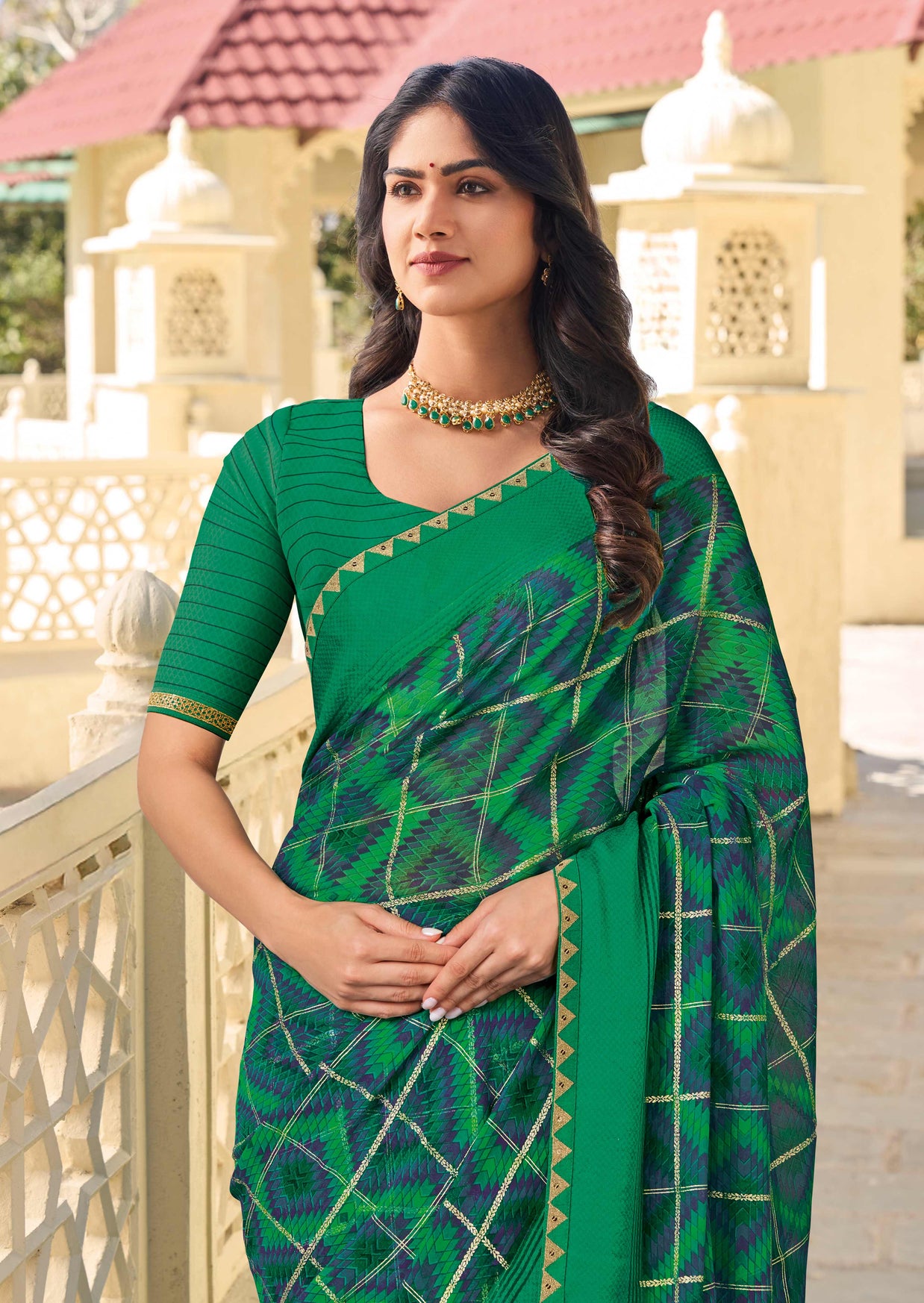 Green Chiffon Printed Saree – Lightweight & Stylish Drape- Rang Panchami