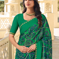Green Chiffon Printed Saree – Lightweight & Stylish Drape- Rang Panchami