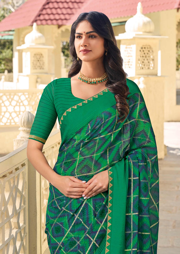 Green Chiffon Printed Saree – Lightweight & Stylish Drape- Rang Panchami