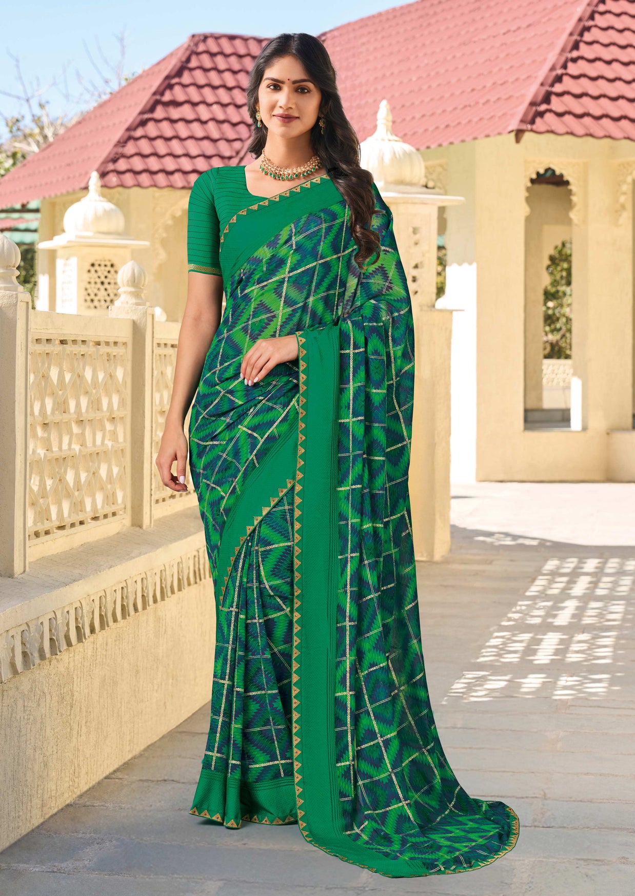 Green Chiffon Printed Saree – Lightweight & Stylish Drape- Rang Panchami