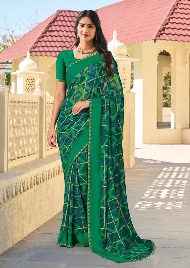 Green Chiffon Printed Saree – Lightweight & Stylish Drape- Rang Panchami