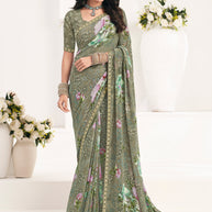Green Floral Georgette Saree - Gulabo