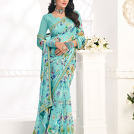 Blue Floral Georgette Saree - Gulabo