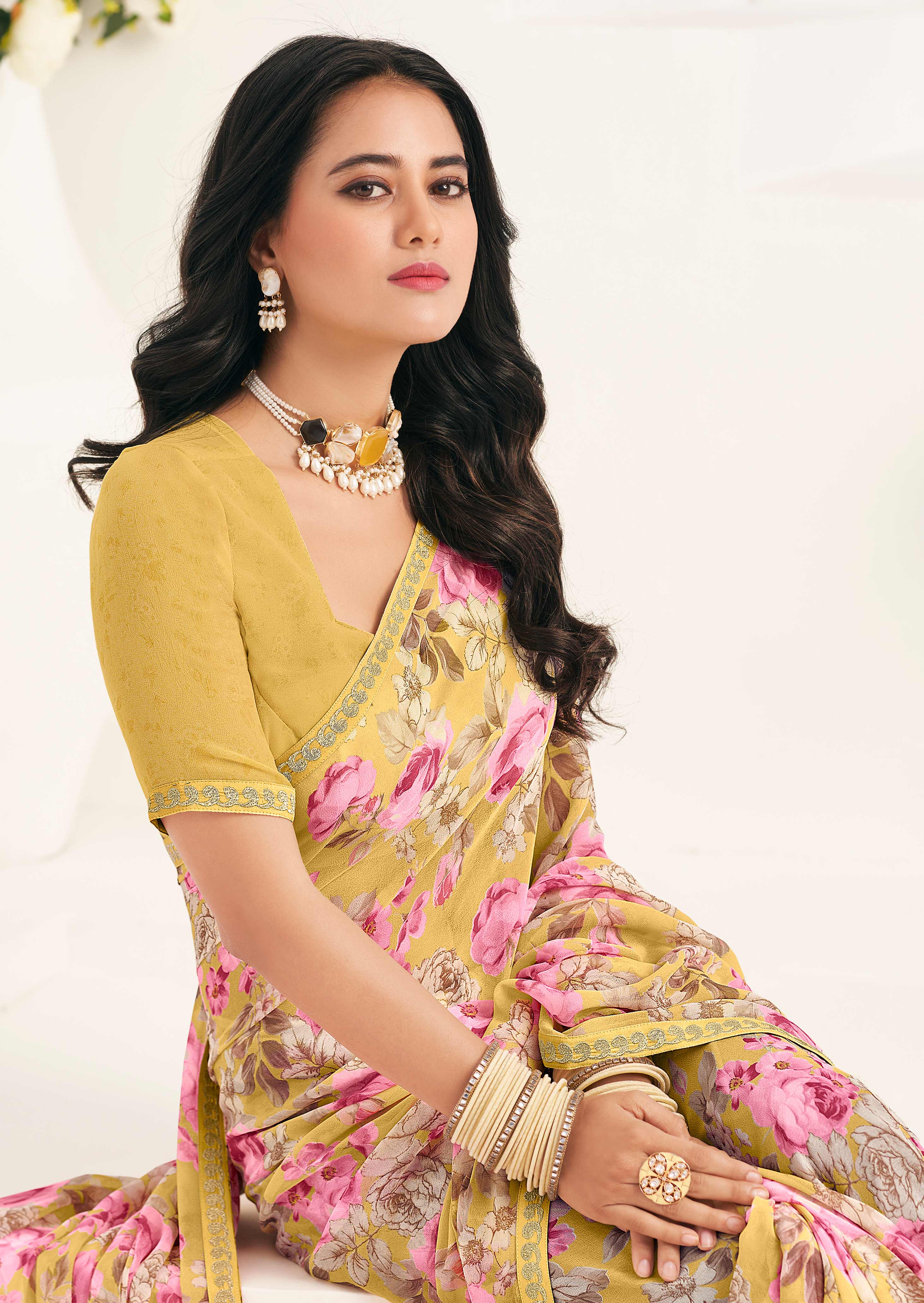 Mustard Floral Georgette Saree - Gulabo