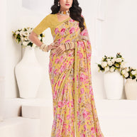 Mustard Floral Georgette Saree - Gulabo