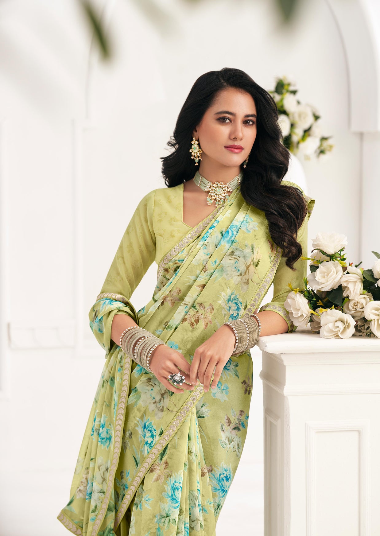 Yellow Floral Georgette Saree - Gulabo