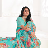 Blue Floral Georgette Saree - Gulabo
