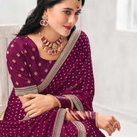 Wine Crepe Silk Saree with Foil Work - Chameli