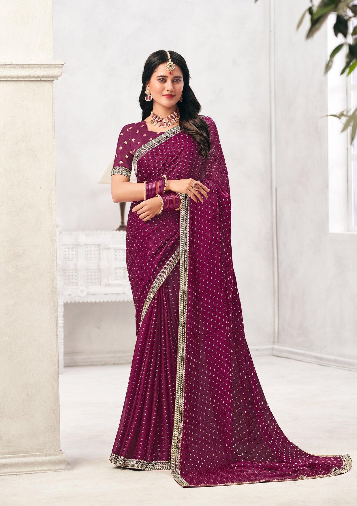 Wine Crepe Silk Saree with Foil Work - Chameli