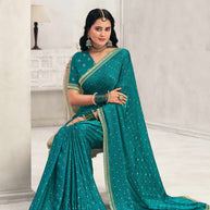 Teal Blue Crepe Silk Saree with Foil Work - Chameli