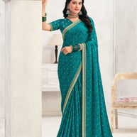 Teal Blue Crepe Silk Saree with Foil Work - Chameli