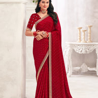 Red Crape Silk Saree with Foil Work - Chameli