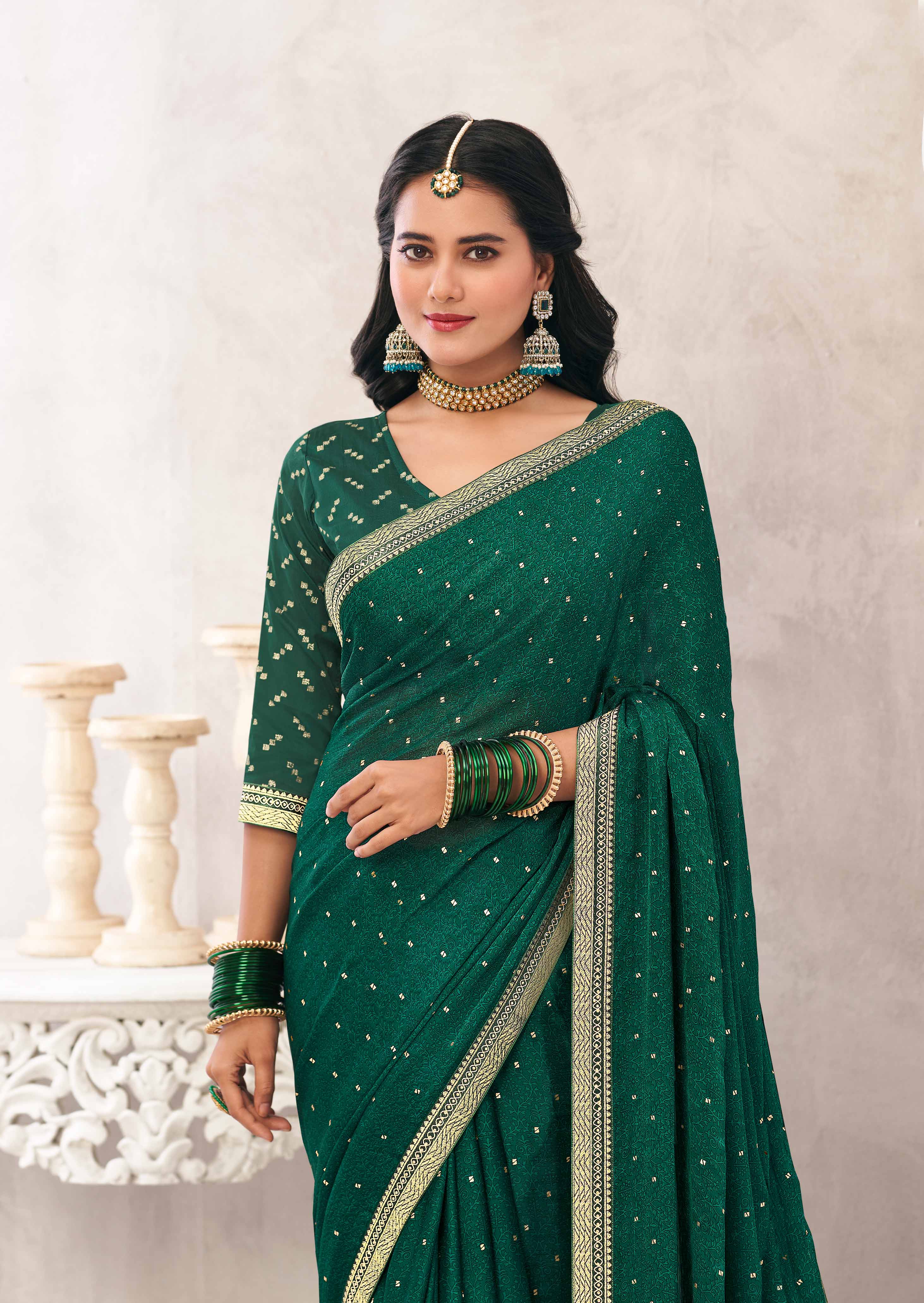 Green Crepe Silk Saree with Foil Work - Chameli