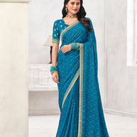 Blue Crepe Silk Saree with Foil Work - Chameli