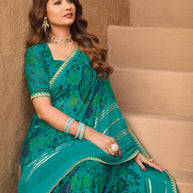 Teal Georgette Saree with Floral Print - Shamli
