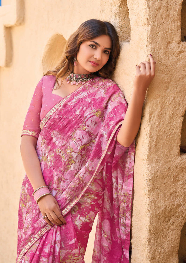 Pink Chiffon Saree with Abstract Print - Shamli