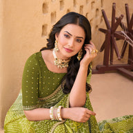 Olive Green Georgette Saree with Bandhani Print - Shamli