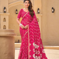 Pink Chiffon Saree with Floral & Geometric Print - Shamli