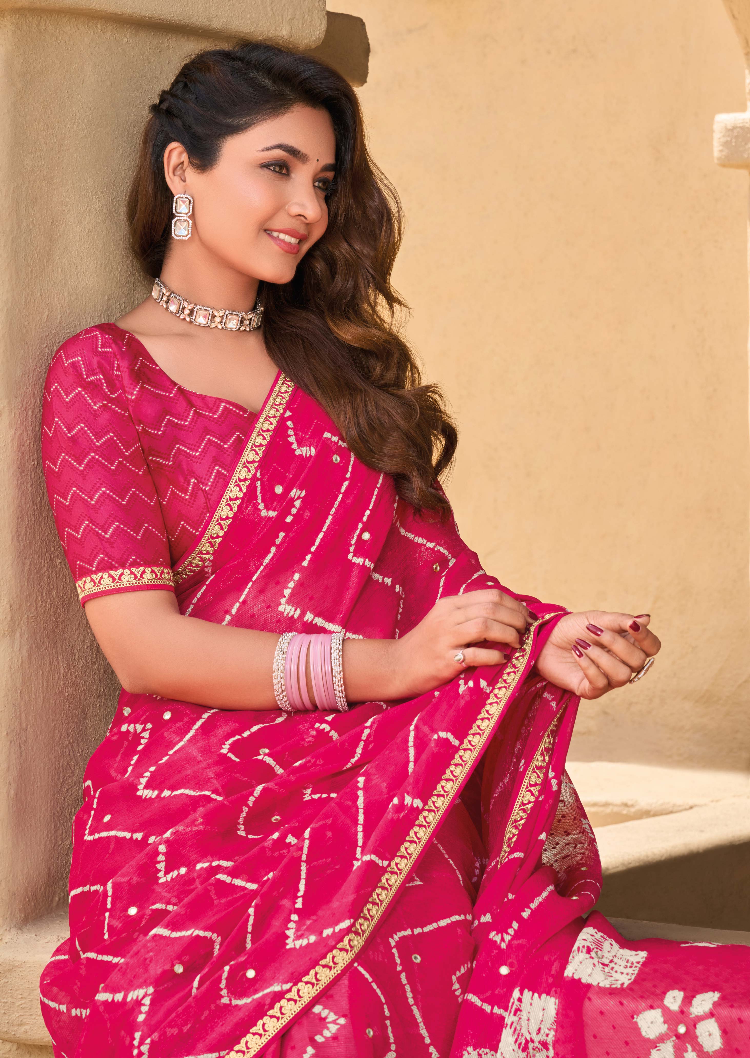 Pink Chiffon Saree with Floral & Geometric Print - Shamli