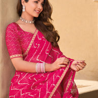 Pink Chiffon Saree with Floral & Geometric Print - Shamli