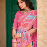 Pink Chiffon Saree with Geometric Pattern - Shamli