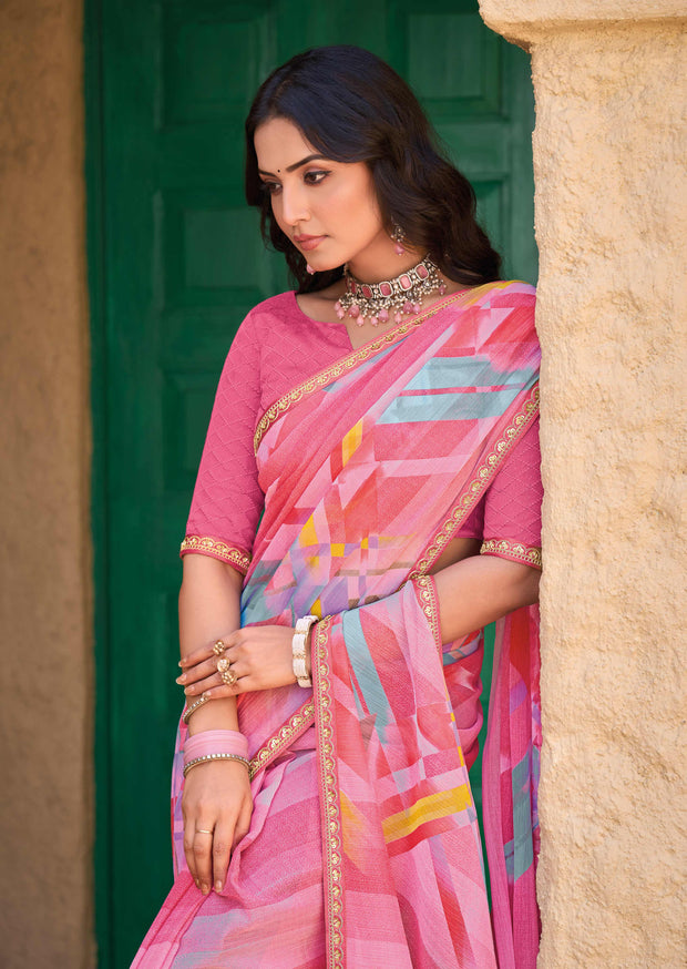 Pink Chiffon Saree with Geometric Pattern - Shamli