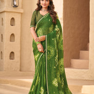 Green Chiffon Saree with Geometric Print - Shamli