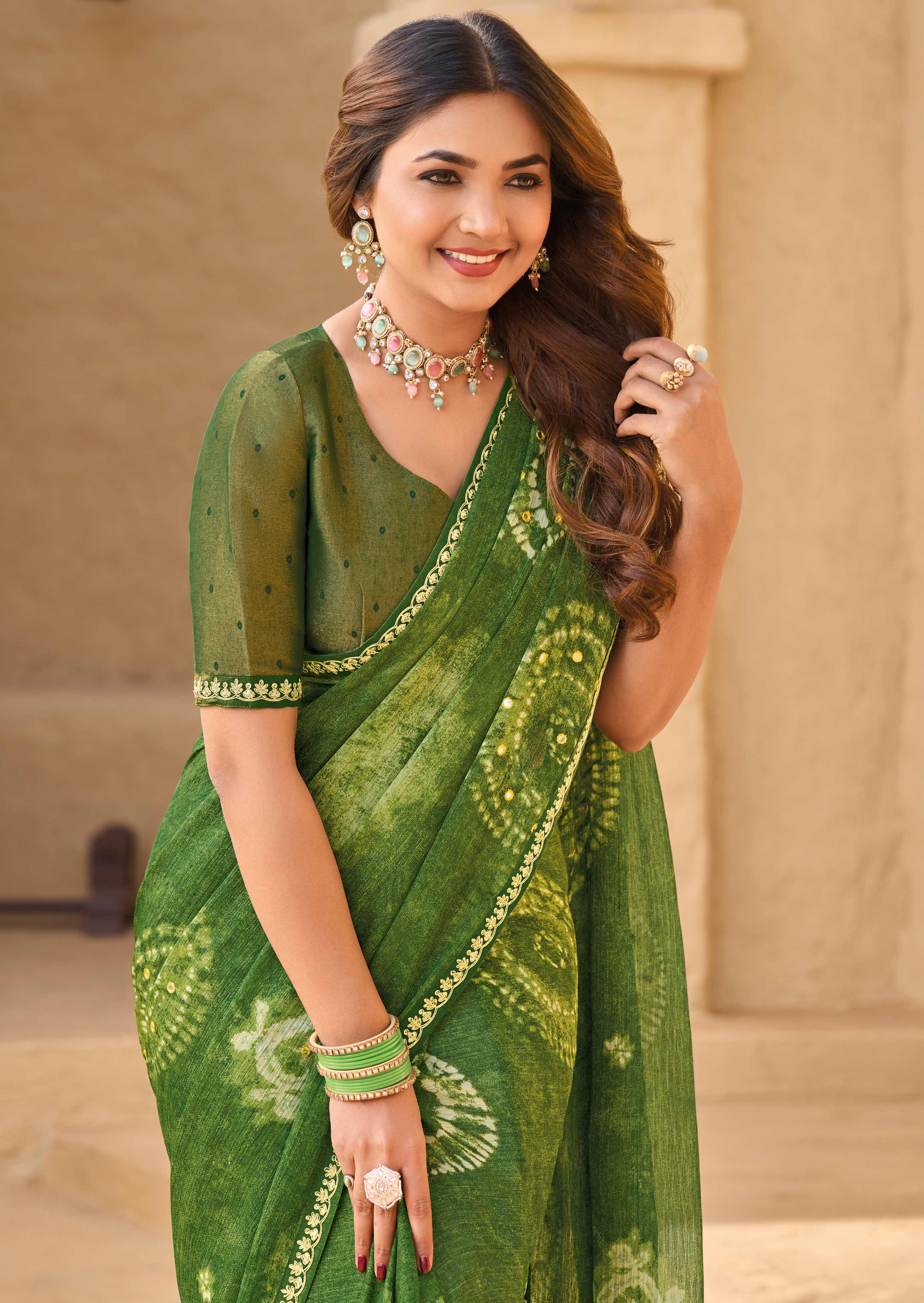 Green Chiffon Saree with Geometric Print - Shamli