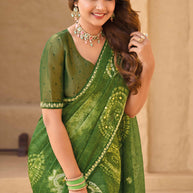 Green Chiffon Saree with Geometric Print - Shamli