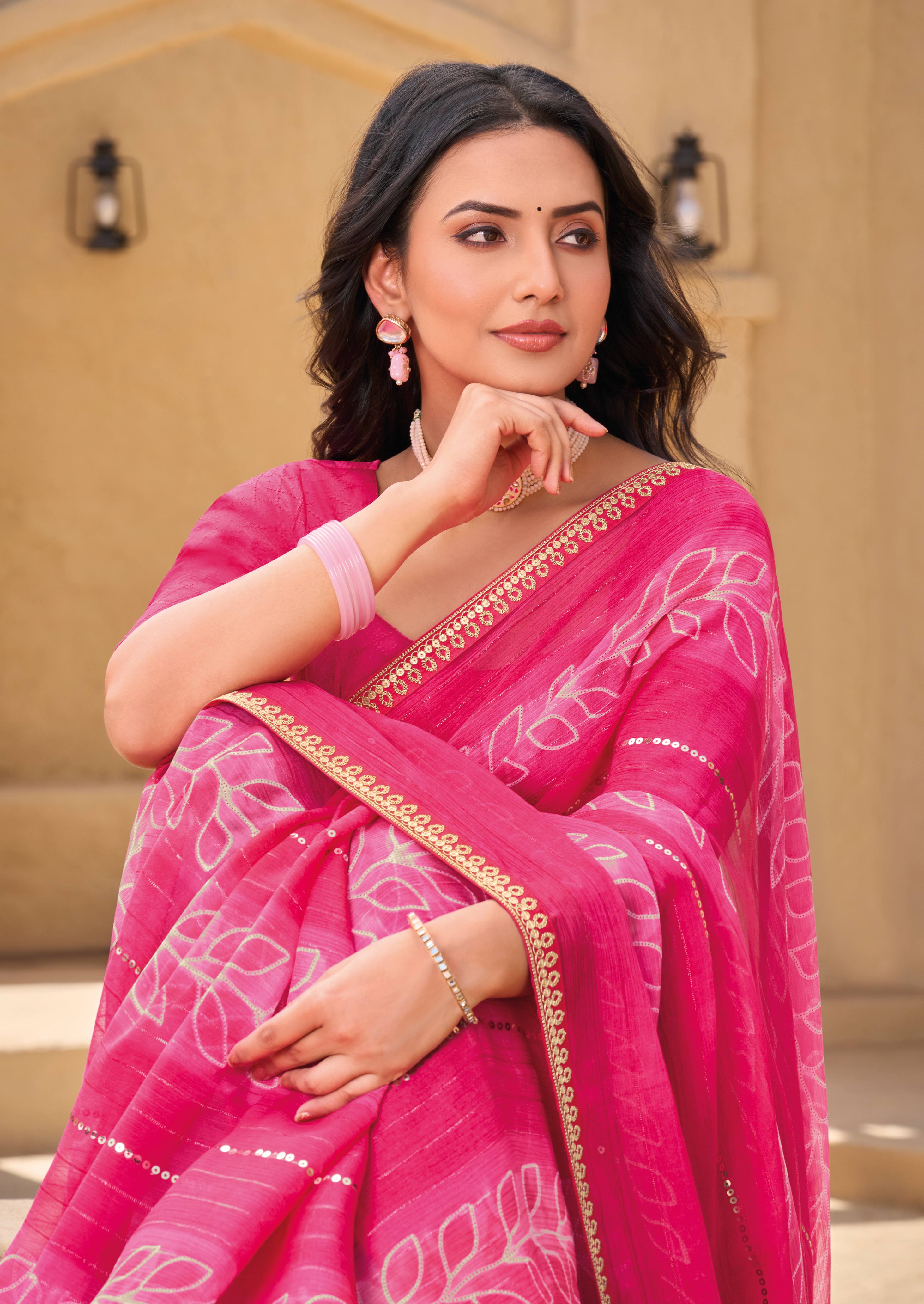 Pink Chiffon Saree with Floral Print - Shamli