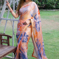 Peach printed tissue saree party wear