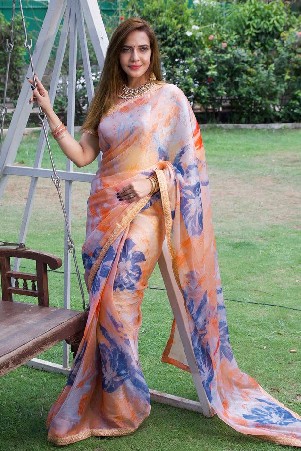 Peach printed tissue saree party wear