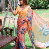 Peach floral printed tissue saree party wear