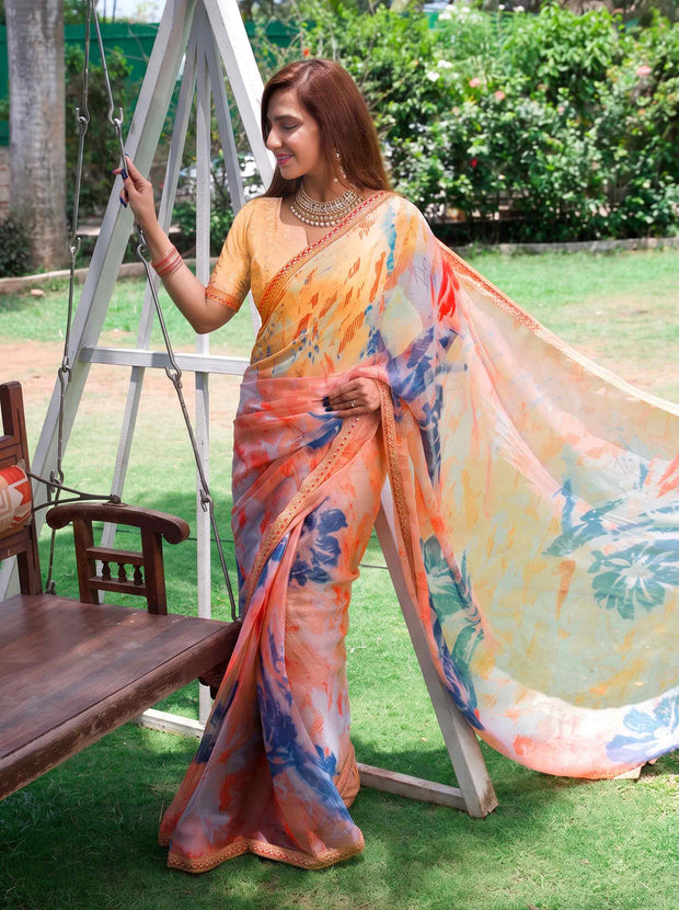 Peach floral printed tissue saree party wear