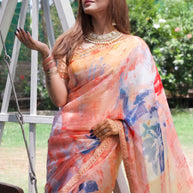 Peach abstract printed tissue saree party wear