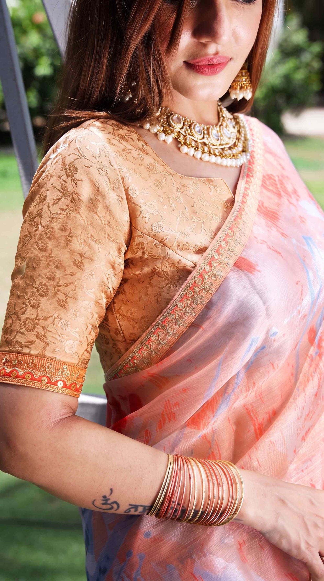 Peach abstract printed tissue saree party wear
