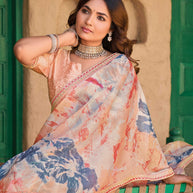 Peach Tissue Saree with Multicolor Abstract Print - Shamli